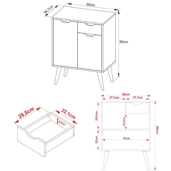 Imagem de Gabinete Banheiro Para Cuba com 2 Portas e 1 Gaveta 60x80cm Pés palito Branco