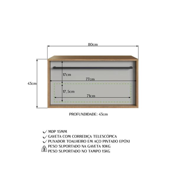 Imagem de Gabinete Banheiro Suspenso 80cm c/ Gaveta Puxador Toalheiro