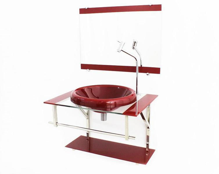 Imagem de Gabinete Com Cuba Para Banheiro De Vidro 60Cm Inox Vermelho