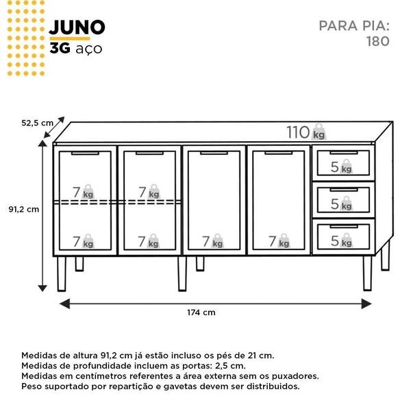 Imagem de Gabinete de Aço Para Pia 180cm 4 Portas Juno/Apolo 4 Gavetas Cozimax Cinza Argila