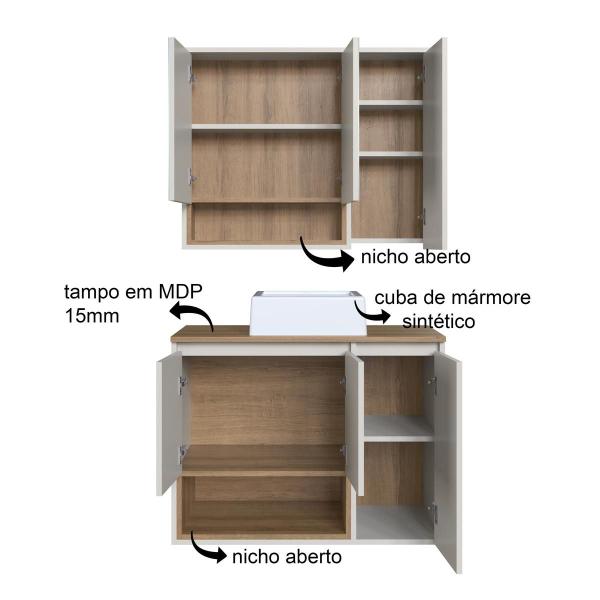 Imagem de Gabinete de Banheiro 80cm Cecília com Espelheira 03 Portas e um Nicho Mel/Arenas com Cuba Branca