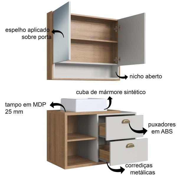 Imagem de Gabinete de Banheiro 80cm Helena com Espelheira 02 portas Mel/Arenas e Cuba Branca