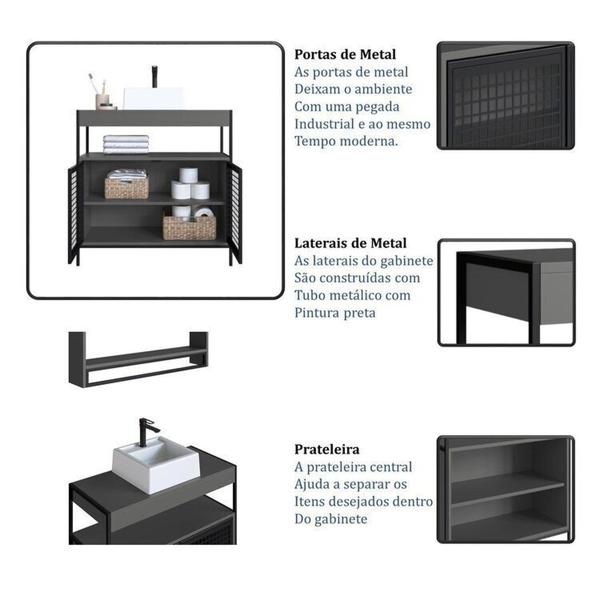 Imagem de Gabinete de Banheiro Industrial de Chão 80cm P1038 com Cuba Ametista Preto/Grafite