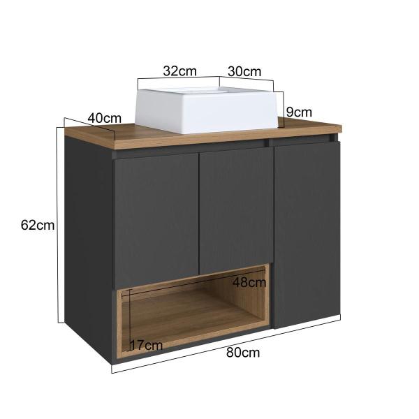Imagem de Gabinete de Banheiro Suspenso 80cm Cecília com 03 Portas e 01 Nicho Mel/Grafite com Cuba Branca