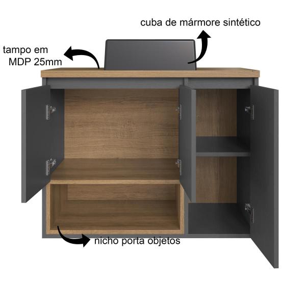 Imagem de Gabinete de Banheiro Suspenso 80cm Cecília com 03 Portas e 01 Nicho Mel/Grafite com Cuba Preta