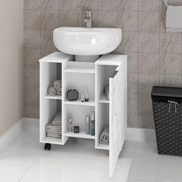 Imagem de Gabinete de Coluna Para Banheiro Pequin Branco Carrara B02 com Espelho Adnet 54 cm Preto - Lyam Decor