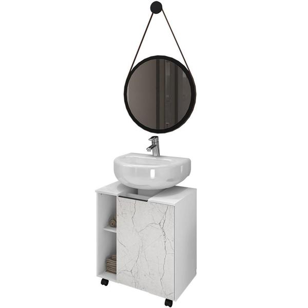 Imagem de Gabinete de Coluna Para Banheiro Pequin Branco Carrara B02 com Espelho Adnet 54cm Preto - Lyam Decor