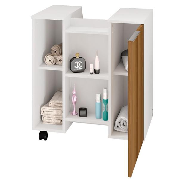 Imagem de Gabinete de Coluna Para Banheiro Pequin Branco Ripado B02 com Espelho Adnet 54 cm Preto - Lyam Decor