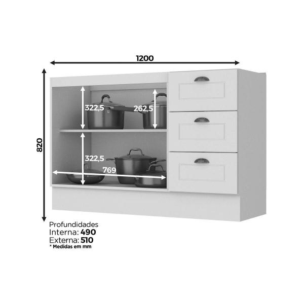 Imagem de Gabinete de Cozinha Modulado Balcão Americana 2 Portas e 3 Gavetas p/ Pia 120cm S/tampo Branco - Henn