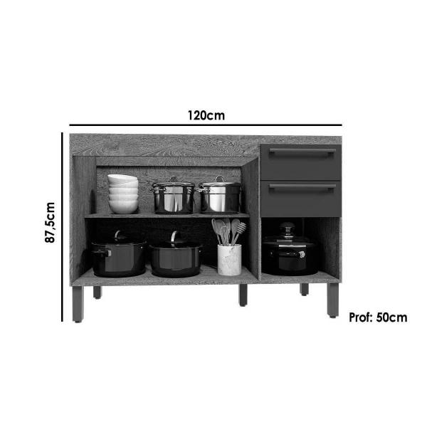 Imagem de Gabinete de Cozinha Modulado Balcão p/ Pia Nápoli Prime 3 Portas e 2 Gavetas s/Tampo 120cm Amendoa/Grafite - Ronipa