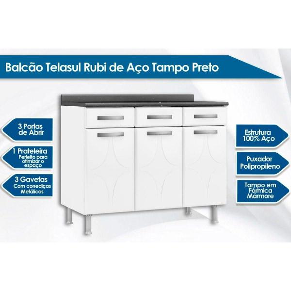 Gabinete de Cozinha Modulado Balcão Rubi 3 Portas e 3 Gavetas c/ Tampo Branco - Telasul Imagem de Gabinete de Cozinha Modulado Balcão Rubi 3 Portas e 3 Gavetas c/ Tampo Branco - Telasul