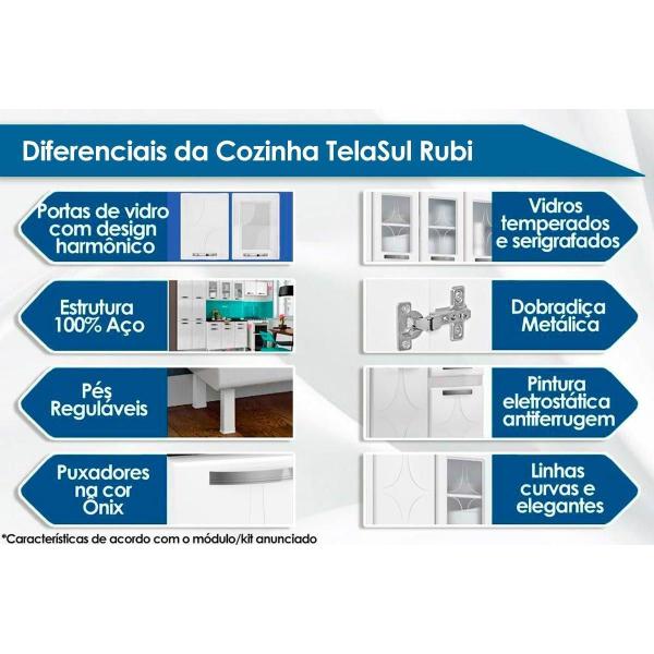 Gabinete de Cozinha Modulado Balcão Rubi 3 Portas e 3 Gavetas c/ Tampo Branco - Telasul Imagem de Gabinete de Cozinha Modulado Balcão Rubi 3 Portas e 3 Gavetas c/ Tampo Branco - Telasul