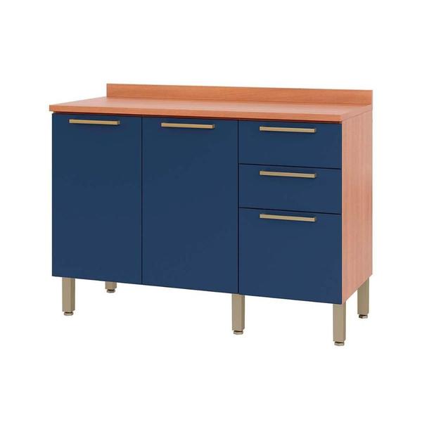 Gabinete de Cozinha Modulado Balcão Sálvia 120cm c/ Tampo 2 Portas e 3 Gavetas Freijo/Azul - Telasul Imagem de Gabinete de Cozinha Modulado Balcão Sálvia 120cm c/ Tampo 2 Portas e 3 Gavetas Freijo/Azul - Telasul