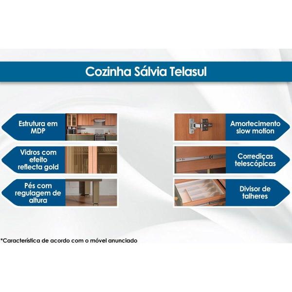 Gabinete de Cozinha Modulado Balcão Sálvia 120cm c/ Tampo 2 Portas e 3 Gavetas Freijo/Azul - Telasul Imagem de Gabinete de Cozinha Modulado Balcão Sálvia 120cm c/ Tampo 2 Portas e 3 Gavetas Freijo/Azul - Telasul
