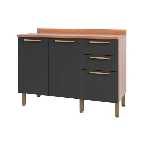 Gabinete de Cozinha Modulado Balcão Sálvia 120cm c/ Tampo 2 Portas e 3 Gavetas Freijo/Grafite - Telasul Imagem de Gabinete de Cozinha Modulado Balcão Sálvia 120cm c/ Tampo 2 Portas e 3 Gavetas Freijo/Grafite - Telasul