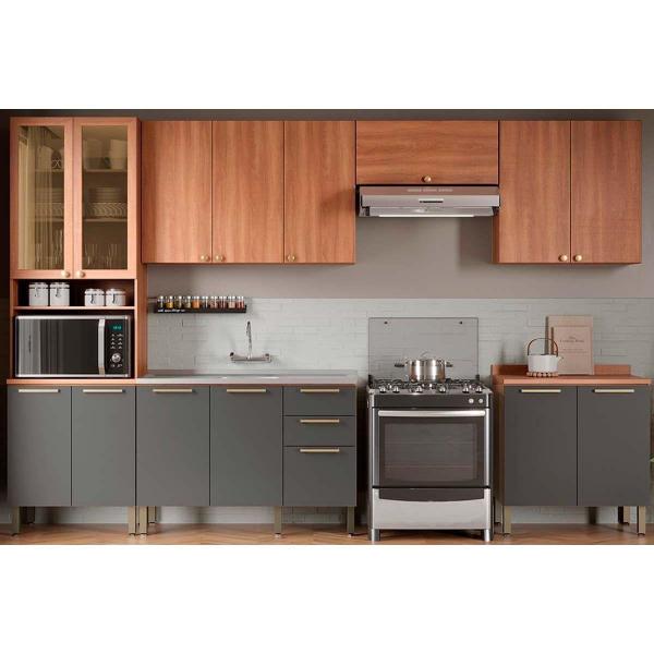Gabinete de Cozinha Modulado Balcão Sálvia 120cm c/ Tampo 2 Portas e 3 Gavetas Freijo/Grafite - Telasul Imagem de Gabinete de Cozinha Modulado Balcão Sálvia 120cm c/ Tampo 2 Portas e 3 Gavetas Freijo/Grafite - Telasul