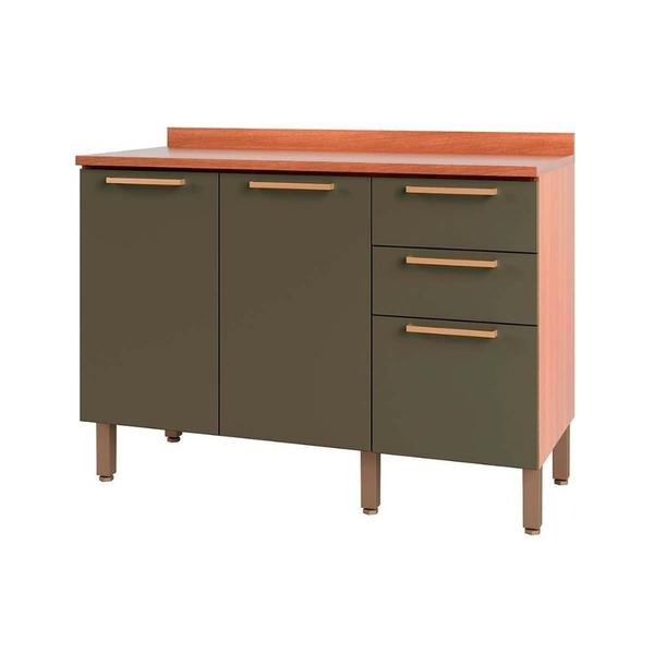 Gabinete de Cozinha Modulado Balcão Sálvia 120cm c/ Tampo 2 Portas e 3 Gavetas Freijo/Verde - Telasul Imagem de Gabinete de Cozinha Modulado Balcão Sálvia 120cm c/ Tampo 2 Portas e 3 Gavetas Freijo/Verde - Telasul