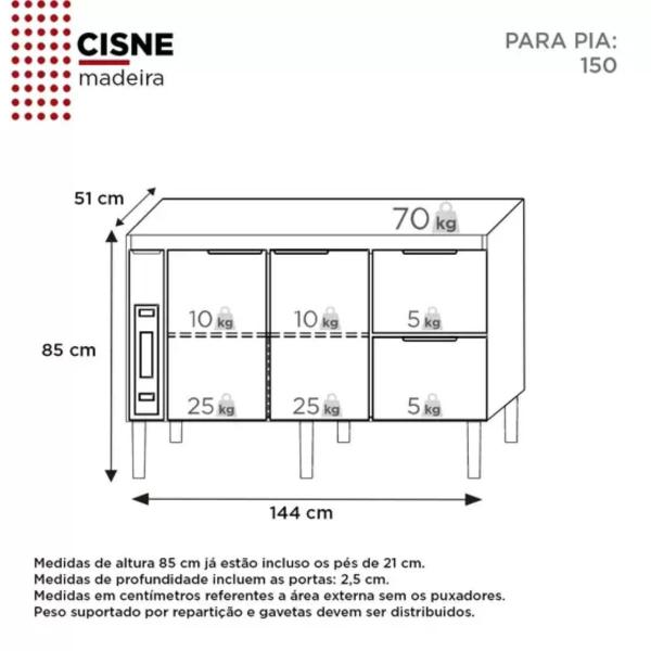 Imagem de Gabinete de Cozinha Para Pia de 150 em Madeira Cisne 2 Gavetas Cinza - Cozimax