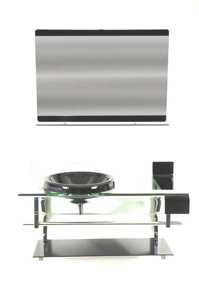 Imagem de Gabinete de vidro 90cm curvado duplo inox com cuba chapéu - preto