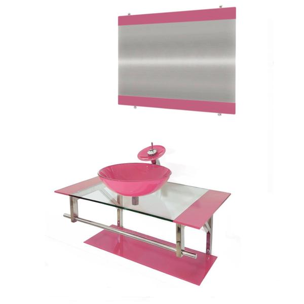 Imagem de Gabinete de Vidro 90cm Inox com Cuba Redonda Rosa