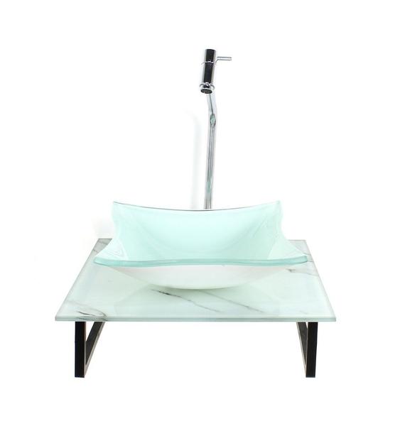 Imagem de Gabinete de vidro com cuba quadrada com tampo de vidro 40cm x 40cm mármore branco