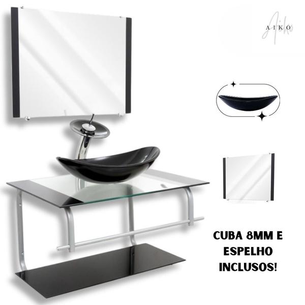 Imagem de Gabinete de Vidro para Banheiro com Cuba de Apoio Oval e Espelho Incluso Vidro Reforçado 10mm em Várias Cores