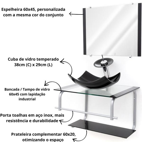 Imagem de Gabinete de vidro para banheiro com cuba lotus + espelho incluso  - vidro reforçado 10mm