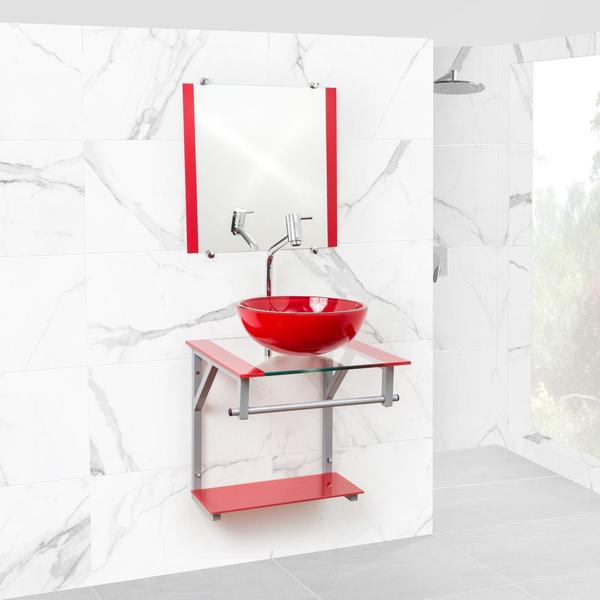 Imagem de Gabinete de vidro para banheiros e lavabos com cuba de apoio redonda + espelho incluso em varias cores - vidro reforçado 10mm