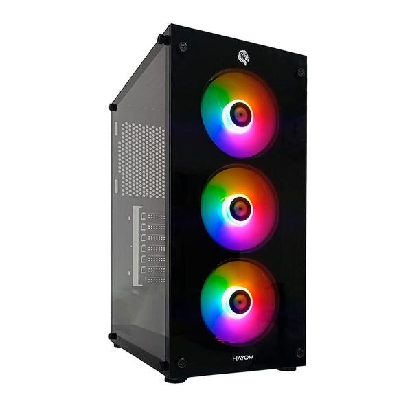 Gabinete Gamer HAYOM GB1769, Mid Tower, Lateral em Vidro, 3X Fans, Preto - GB.17.10.69 Gabinete Gamer HAYOM GB1769, Mid Tower, Lateral em Vidro, 3X Fans, Preto - GB.17.10.69
