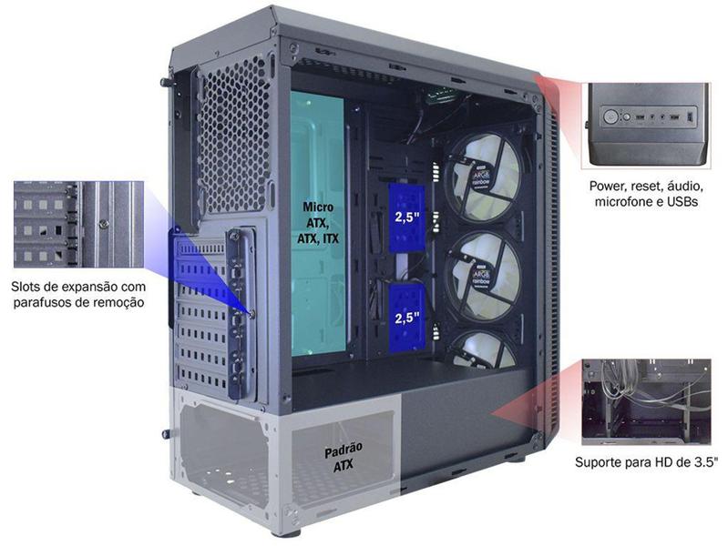 Gabinete Gamer K-Mex Infinity Streamer III CG-A2G8 - RGB ATX 3 FANs Preto Imagem de Gabinete Gamer K-Mex Infinity Streamer III CG-A2G8 - RGB ATX 3 FANs Preto