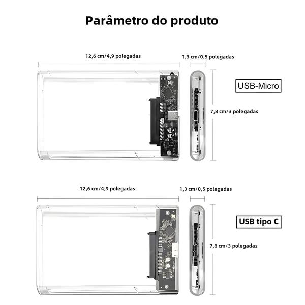 Imagem de Gabinete HDD Externo Transparente USB 3.0 e Tipo-C para HD 2,5 Polegadas