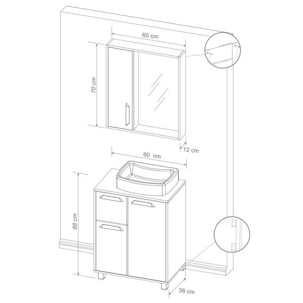 Imagem de Gabinete lux 60 cabernet p/banheiro c/pés, cuba sobrepor e espelheira