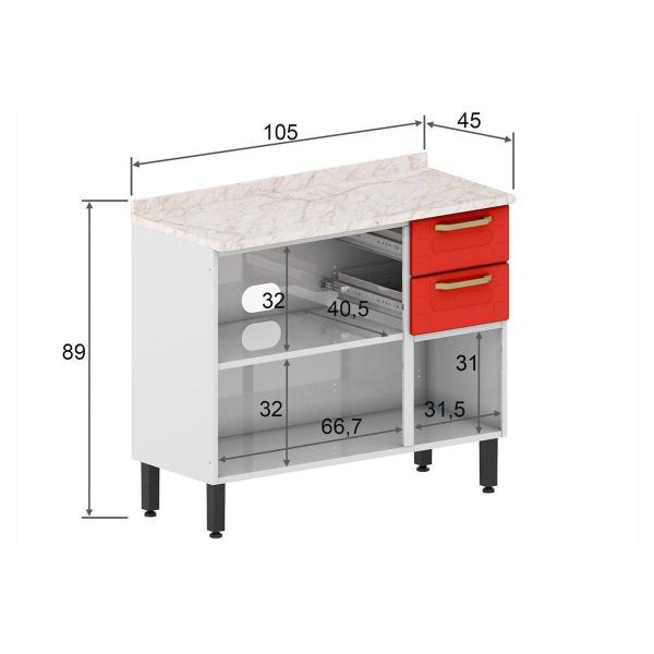 Imagem de Gabinete p/ Pia Cozinha Balcão c/ Tampo Colors 6114 c/ 3 Portas e 2 Gavetas 105cm Branco/Vermelho - Bertolini