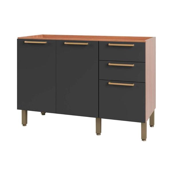 Gabinete p/Pia Cozinha Balcão Thela Sálvia 2 Portas 3 Gavetas s/Tampo 120cm Freijo/Grafite - Telasul Imagem de Gabinete p/Pia Cozinha Balcão Thela Sálvia 2 Portas 3 Gavetas s/Tampo 120cm Freijo/Grafite - Telasul