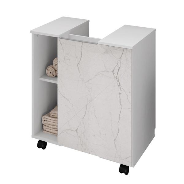 Imagem de Gabinete Para Banheiro 55cm 1 Porta Com Rodízios Pequin Branco/Carrara - Bechara