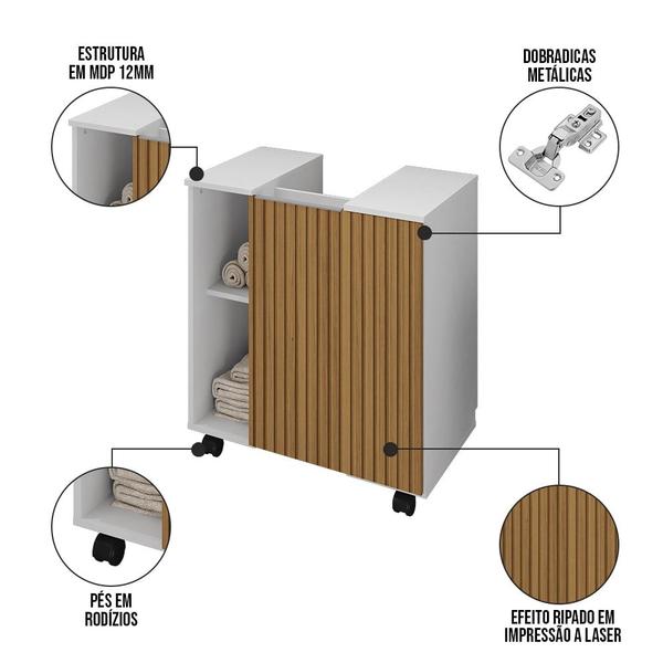 Imagem de Gabinete Para Banheiro 55cm 1 Porta Com Rodízios Pequin Branco/Ripado - Bechara