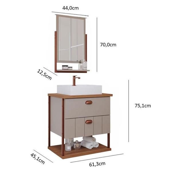 Imagem de Gabinete Para Banheiro 60 Cm 100% Mdf 2 Gavetas C/ Espelheira Uni Mgm Móveis Cappuccino/Freijo