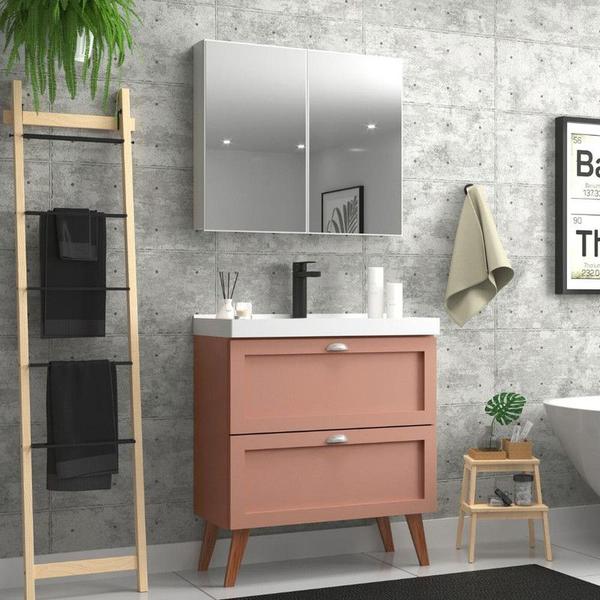 Gabinete para Banheiro com Cuba e Armario 80cm Retro Mdf Salmao Milano - On Móveis Imagem de Gabinete para Banheiro com Cuba e Armario 80cm Retro Mdf Salmao Milano - On Móveis