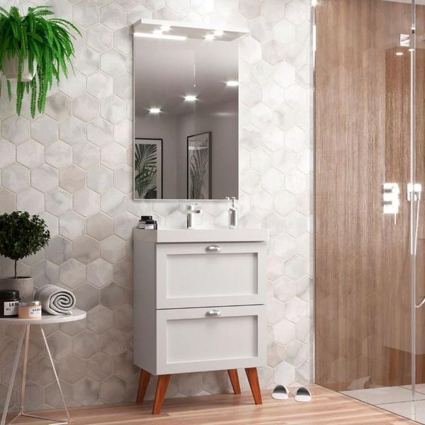 Gabinete para Banheiro com Cuba e Espelheira 60cm Retro Mdf Branco Milano - On Móveis Imagem de Gabinete para Banheiro com Cuba e Espelheira 60cm Retro Mdf Branco Milano - On Móveis