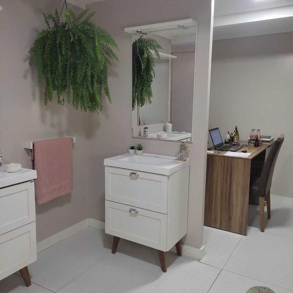 Gabinete para Banheiro com Cuba e Espelheira 60cm Retro Mdf Branco Milano - On Móveis Imagem de Gabinete para Banheiro com Cuba e Espelheira 60cm Retro Mdf Branco Milano - On Móveis
