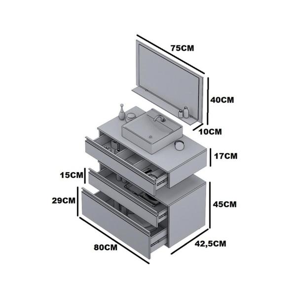 Imagem de Gabinete para Banheiro com Cuba e Espelheira 80cm Safira Contarini