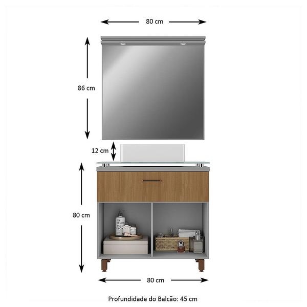 Imagem de Gabinete para Banheiro com Cuba e Espelheira Sonata 80 Cimento/Noce - Moville