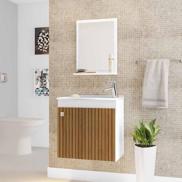 Imagem de gabinete para banheiro com cuba espelho com prateleira 1 porta suspenso altura 45 cm branco e marrom