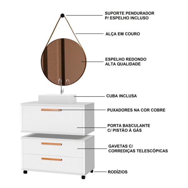 Imagem de Gabinete para Banheiro com Rodízio, com Cuba de sobrepor e Espelho Kyoto 80 cm