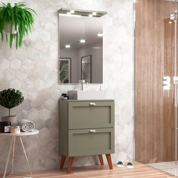 Imagem de Gabinete para Banheiro com Tampo Cuba e Espelheira 60cm Retro Mdf Verde Milano - On Móveis