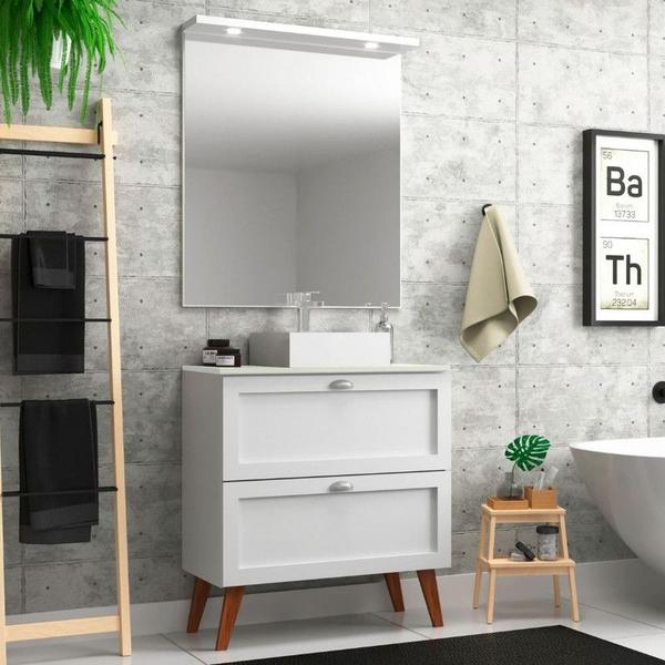 Imagem de Gabinete para Banheiro com Tampo Cuba e Espelheira 80cm Retro Mdf Branco Milano - On Móveis