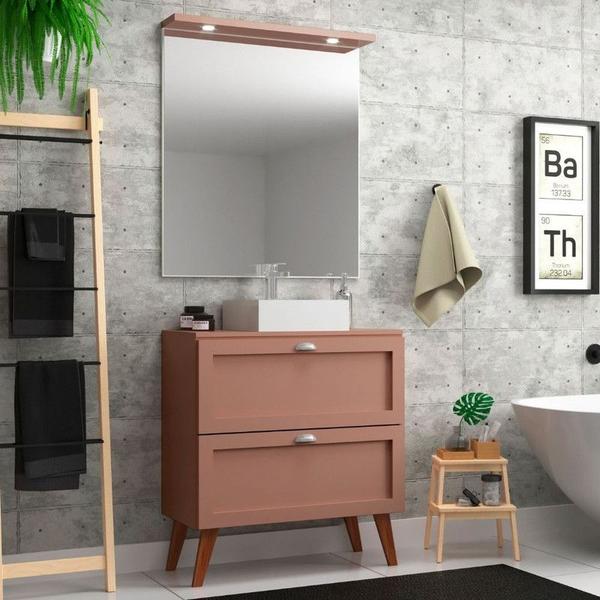 Imagem de Gabinete para Banheiro com Tampo Cuba e Espelheira 80cm Retro Mdf Salmao Milano - On Móveis