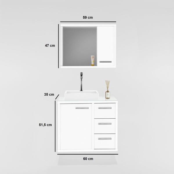 Imagem de Gabinete para Banheiro com Tampo de Vidro Cuba de Sobrepor e Espelheira 60cm Turin