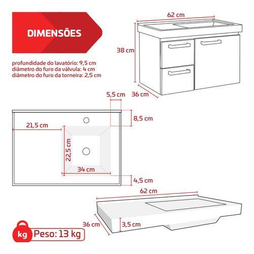 Imagem de Gabinete Para Banheiro Em Aço Suspenso Com Lavatório 1 Porta 2 Gavetas Romã Cozimax Branco