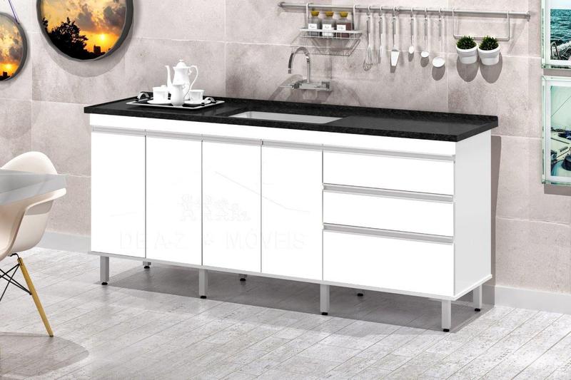 Gabinete Para Pia 2 Metros balcão 100% MDF com Puxador em Alumínio inteiro chapa de 15mm ultimas unidades cor Branco brilho - PASSE BEM Imagem de Gabinete Para Pia 2 Metros balcão 100% MDF com Puxador em Alumínio inteiro chapa de 15mm ultimas unidades cor Branco brilho